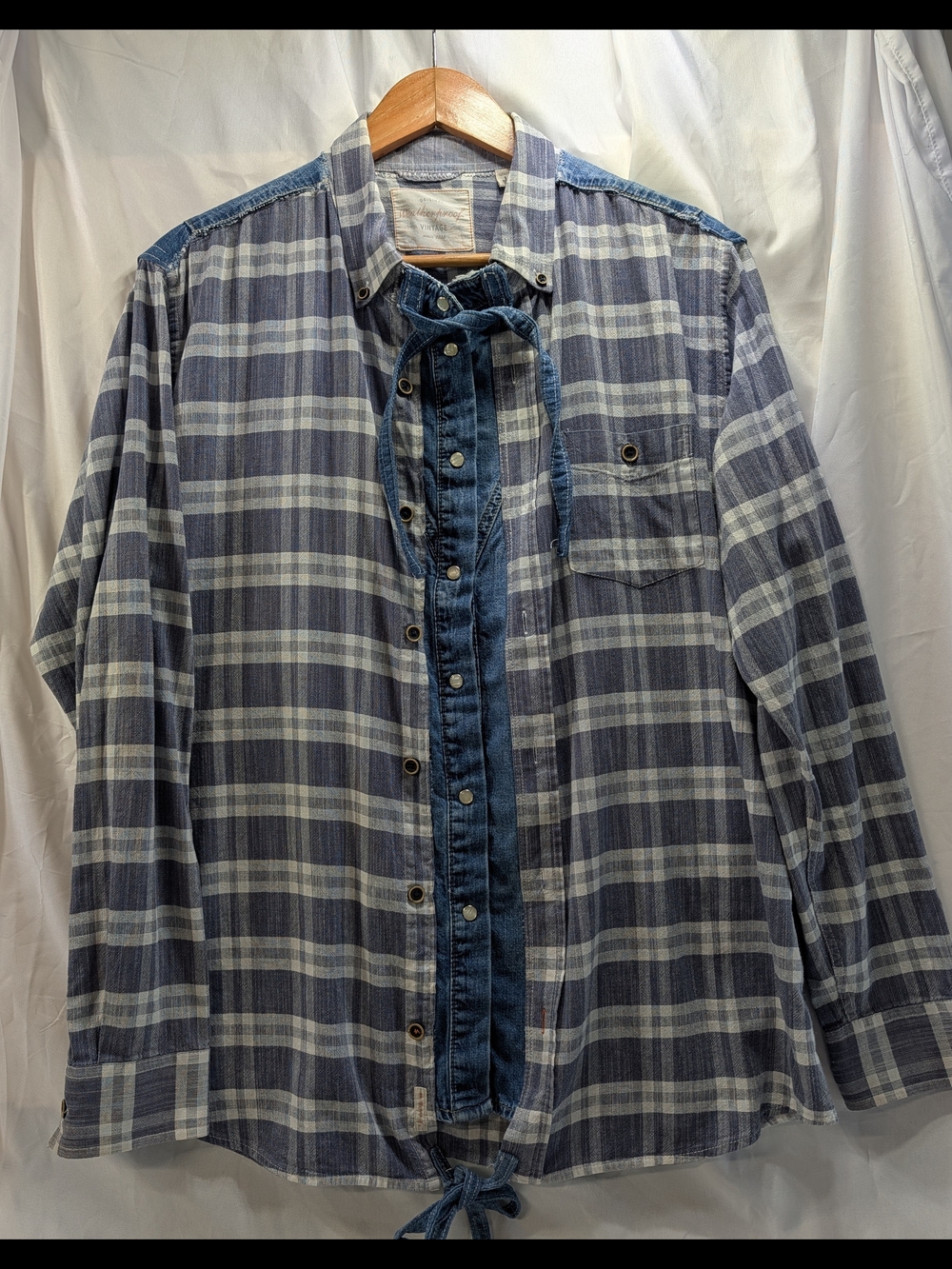 Weatherproof Vintage Blue Plaid Pearl Snap Front Shirt w/ Denim Trim Size Large